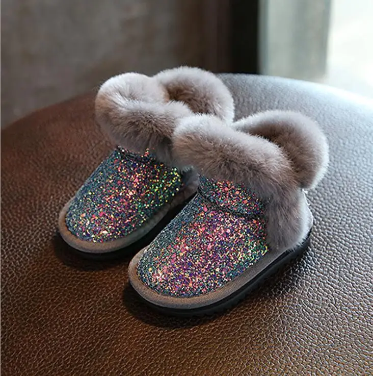 Лидер продаж; детские зимние ботинки; ботинки с кроличьим мехом для девочек; детская обувь хлопок; ботинки из натуральной кожи с блестками - Цвет: picture color