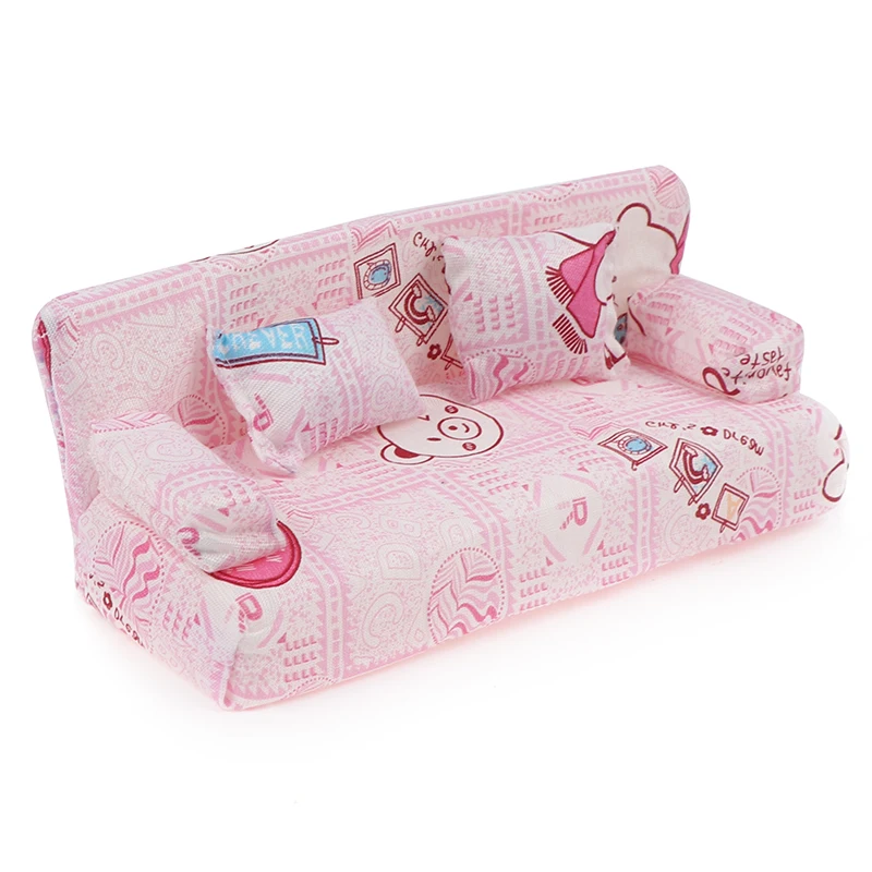 3Pcs/set Mini Dollhouse Furniture Flower Printing Cloth Sofa Couch&2 Cushions SL 