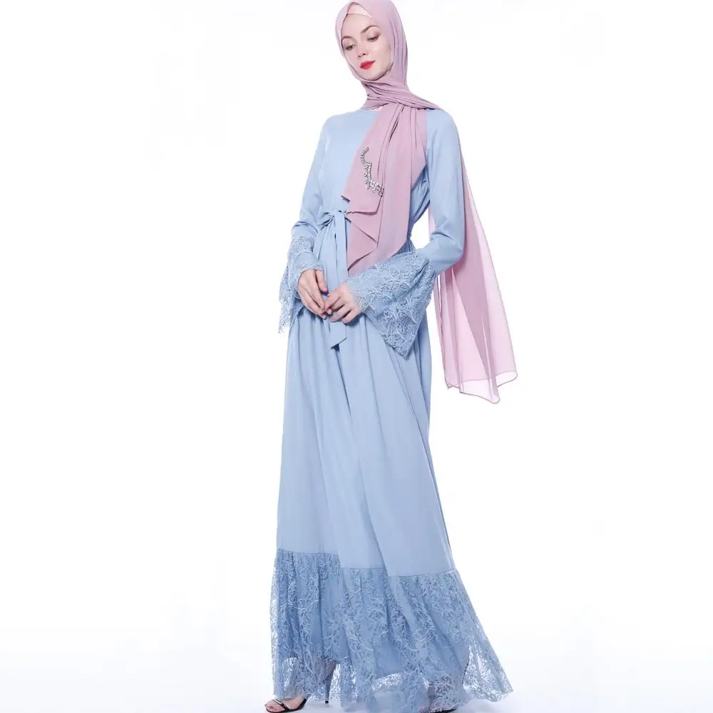 Модное кружевное платье abaya с оборками jilbaw Дубайский мусульманский Женский Платье макси с длинным рукавом исламское платье-Кафтан с поясом одежда Ближний Восток