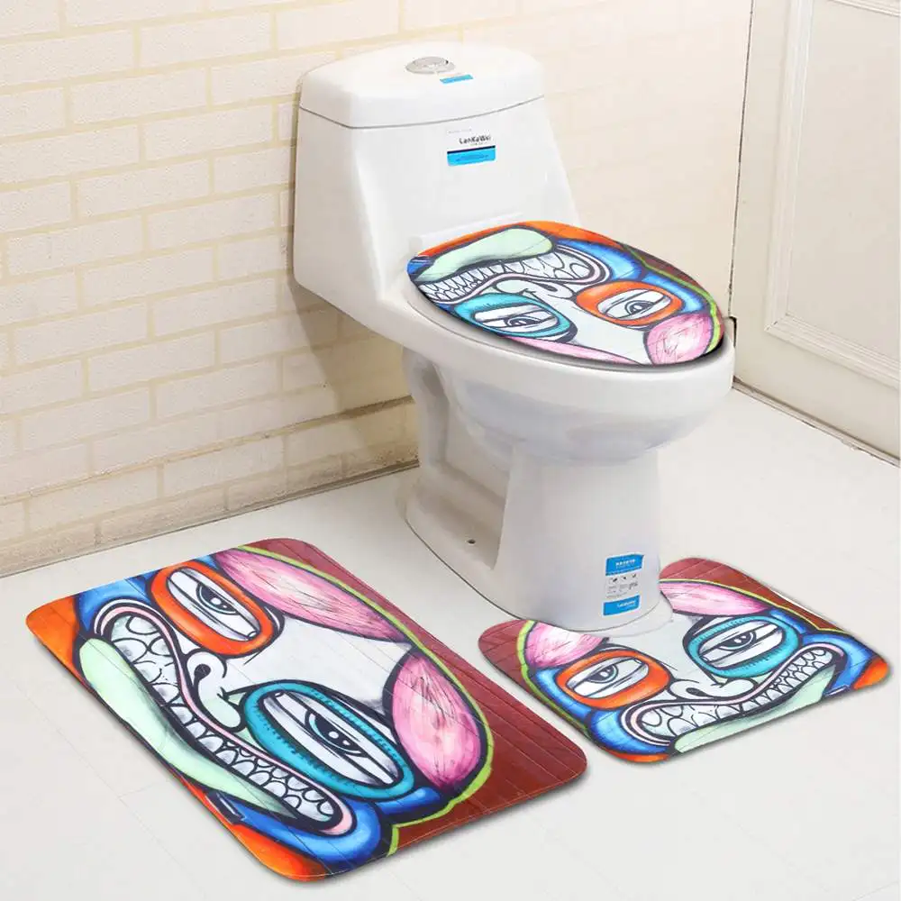 4Pcs 180x180cm Graffiti Shower Curtain/Bath Mat/Toilet Mat Set Fashion Pattern Non-slip Toilet Pattern Carpet Bathroom Mat Rug