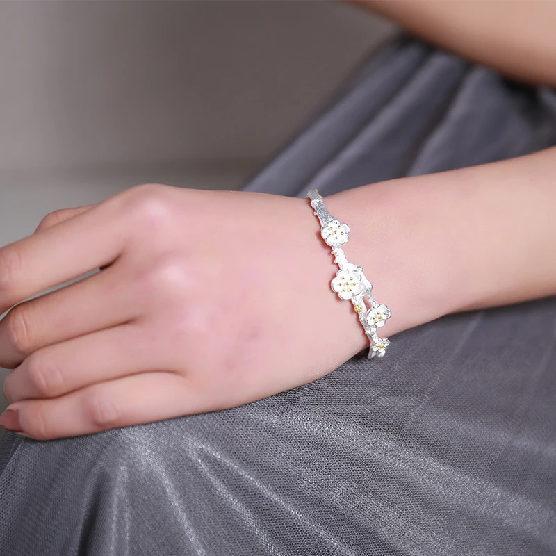 Креативные модные 925 пробы серебряные ювелирные изделия Изысканные вишневые цветы ветви аллергические браслеты и браслеты