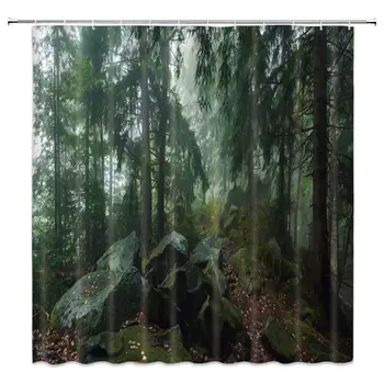 

Forest Shower Curtain Green Trees Rocks Fallen Leaves Tropical Woodland Nature Scenery Decor Fabric Bathroom Curtains,70x70 Inch