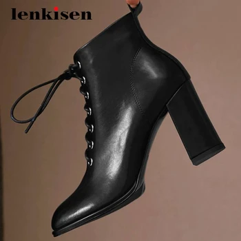 

Lenkisen large size fashion boots genuine leather cross-tied round toe super high heel zipper ankbasics daily wear boots L8f2