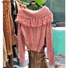 Kawaii свитер с бахромой и открытыми плечами, женский осенне-зимний винтажный витой вязаный свитер, пуловеры, женские джемперы