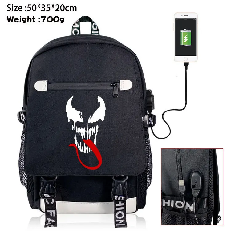 Холщовый Рюкзак Venom для косплея с USB-портом дорожный школьный ранец ноутбука