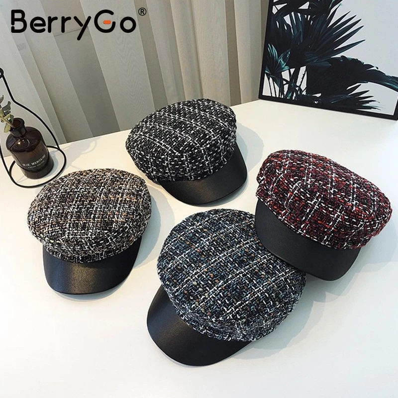 BerryGo Повседневный твидовый в клетку Военная кепка для женщин осень зима модный берет шапка женские шапки уличная мода дамы малярные шляпы