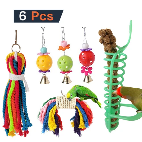 6pcs 6 шт. Попугай Птицы игрушки для кормления, красочные качающаяся корзинка жевательные висит Жердочки кормушка "Клетка" игрушки, с колокольчиками для попугая - Цвет: 6pcs