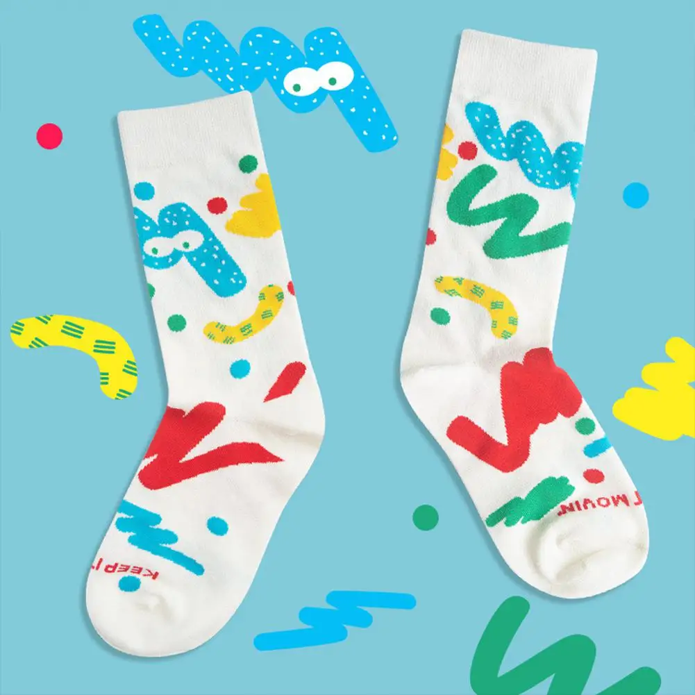 Yiwa Men Women Retro Style Cartoon Cotton Mid-calf Length Socks