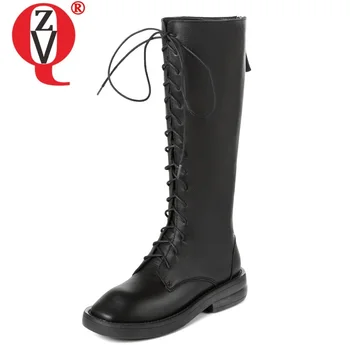 

ZVQ winter new casual warm knee high boots outside comfortable square toe genuine leather cross-tied women shoes drop shipping