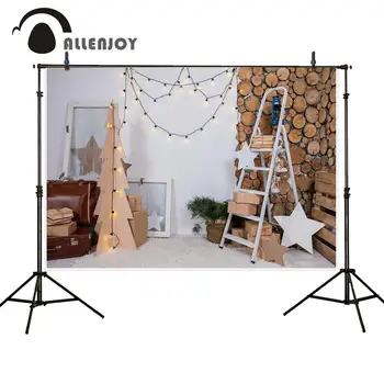 

Allenjoy Christmas photography backdrop indoor tree round wood wall ladder lights gift decoration photo background photobooth