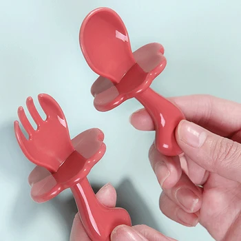 

2Pcs/Pack Short Handle Spoon+ Fork Set Baby Training Spoon PP kids Tableware Candy Color