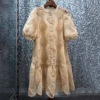 

Elegant Hollow Out Dresses Female O Neck Lantern Short Sleeve High Waist Ruffle Mini Summer Dress Women Fashion New