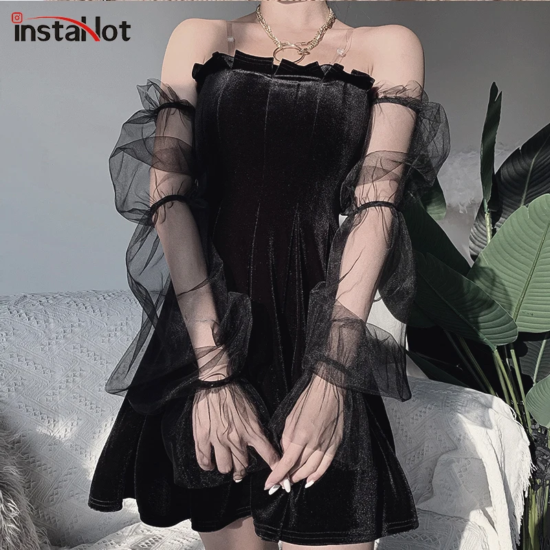 InstaHot/черное Сетчатое прозрачное плиссированное платье с пышными рукавами в