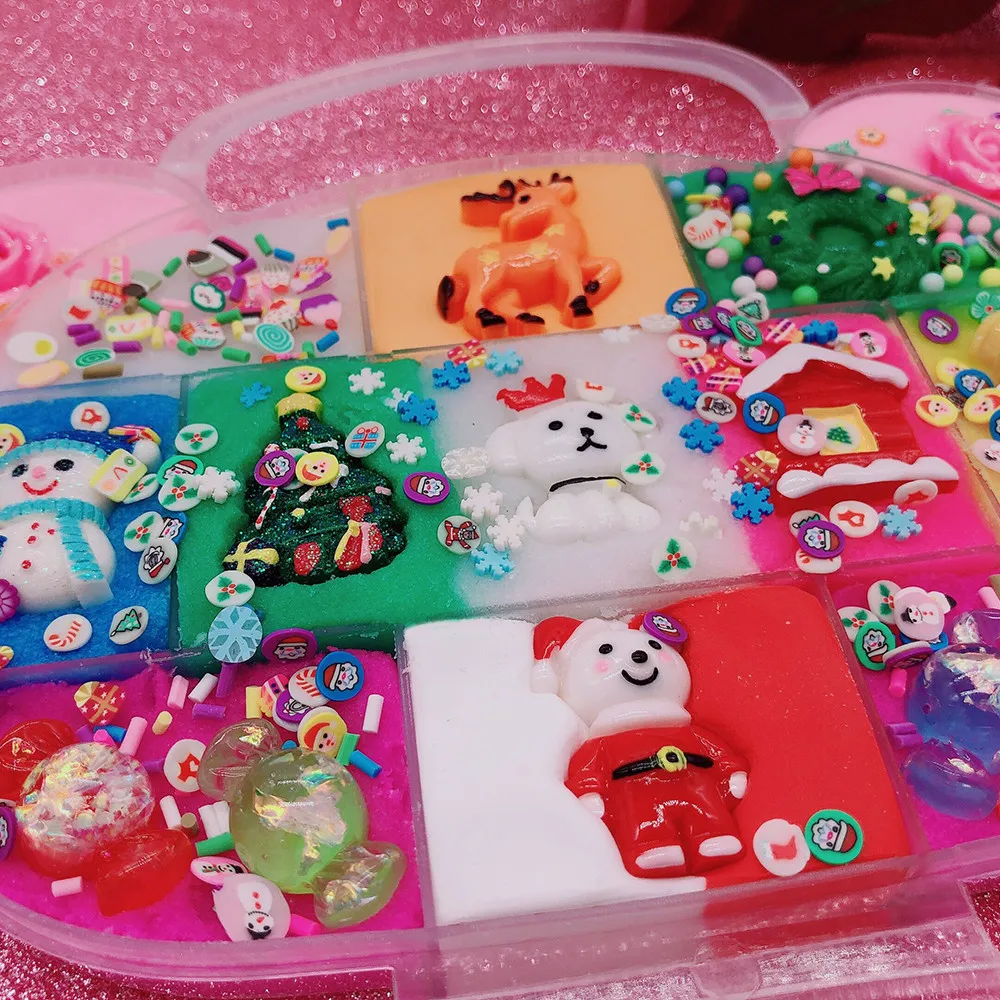 Portable Christmas Pallet Slime Snowman Charms Santa Claus Candy Slice Plasticine Toy Squishy Antistress For Kids Christmas Gift