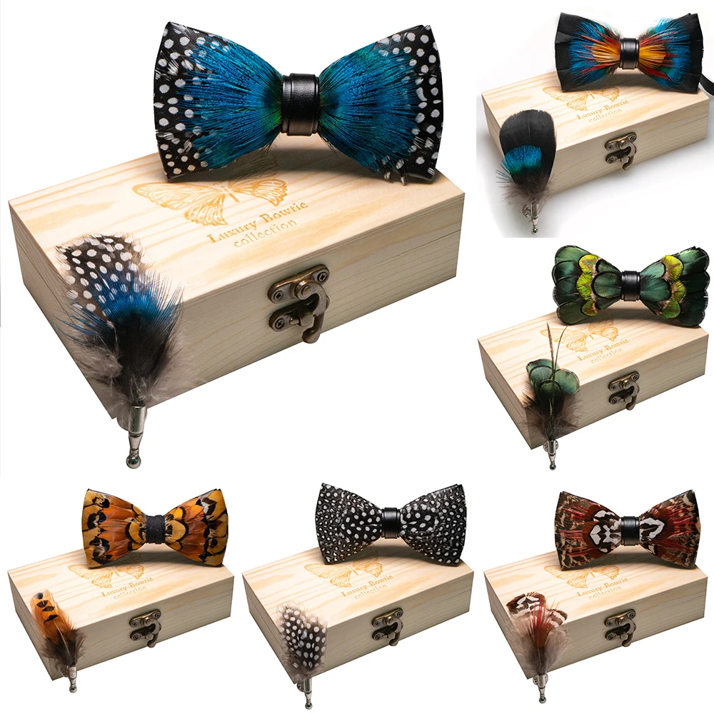 JEMYGINS Original Neue Design Fliege Natürliche Feder Exquisite Hand Made Männer Luxus Fliege Holz Geschenk Box Set Hochzeit party