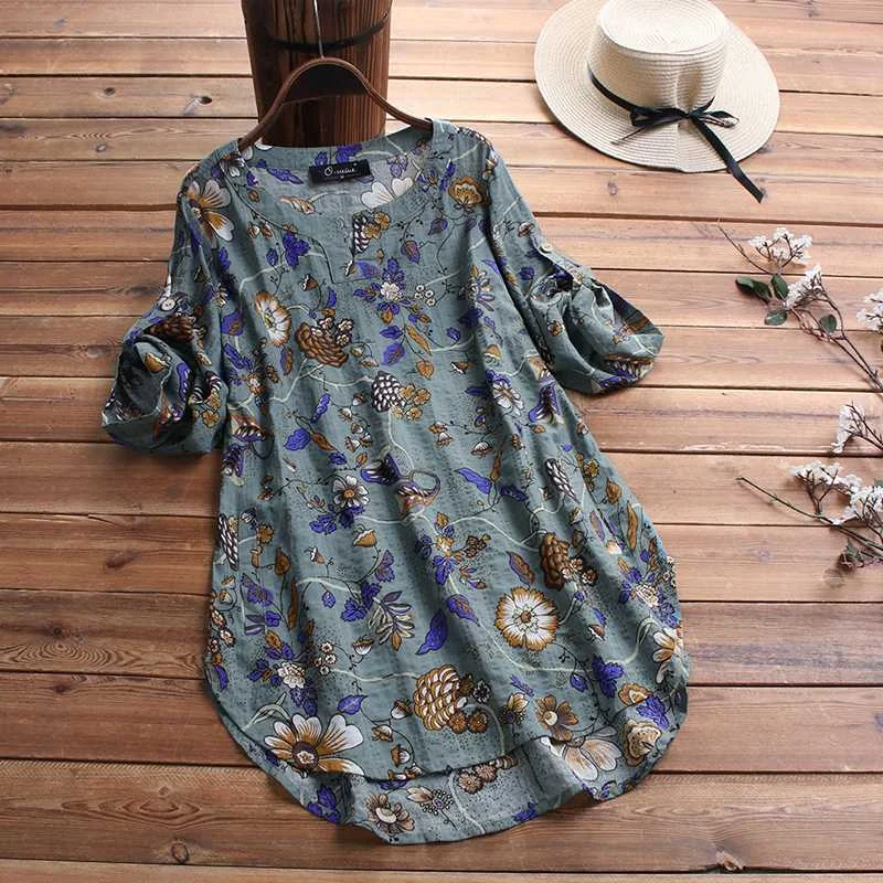 

2020 ZANZEA Kaftan Printed Tops Women's Floral Blouse 2Summer Cotton Blusas Female 3/4 Sleeve Tunic Asymmetrical Tops Plus Size