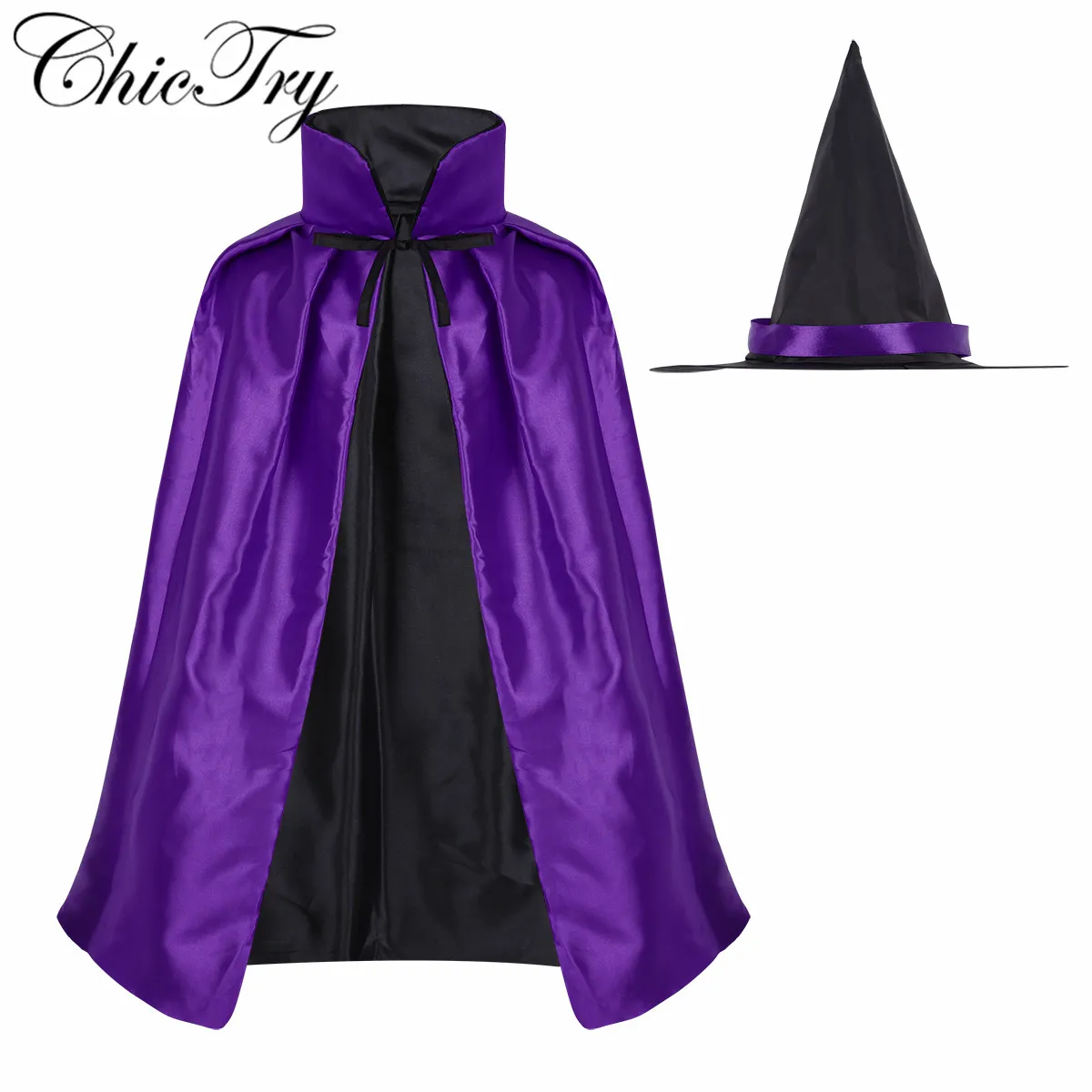 

New Arrival Kids Children Witch Halloween Costumes Double-sided Satin Cloak Cape with Hat Outfit Set for Cosplay Party Dress Up