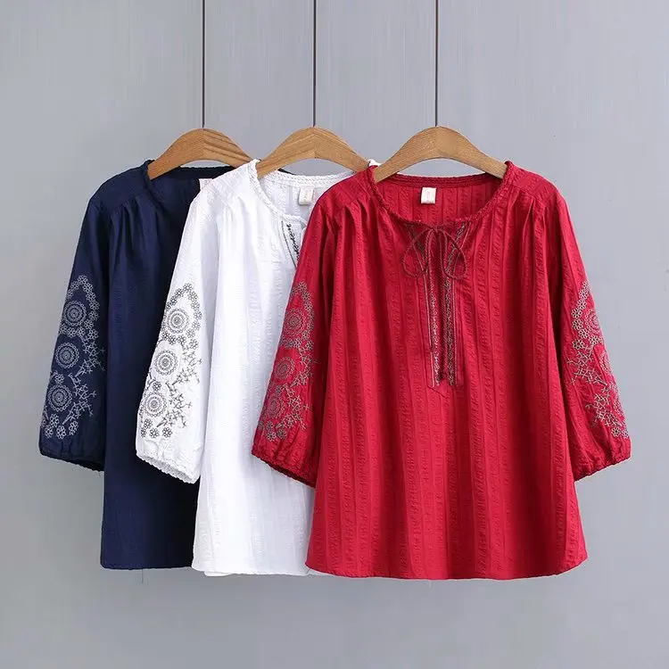 

K72 Spring Clothing New Style 2019 Large Size Dress Plus-sized Increase the Fat Mm Jacquard Embroidery Bandage Cloth Shirt 985