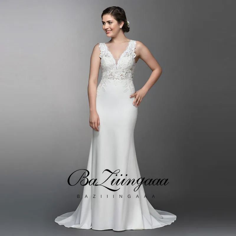 

BAZIIINGAAA Luxury Lace Mermaid Wedding Dress V-neck Sleeveless 50cm Tail Design Hand-Beading Plus Size Bridal Wedding Dress