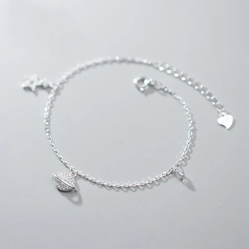 Браслеты со звездами и сердцем для женщин, Кристальные Космические Планеты, 925 пробы, серебряная цепочка, очаровательный ювелирный женский браслет, аксессуар