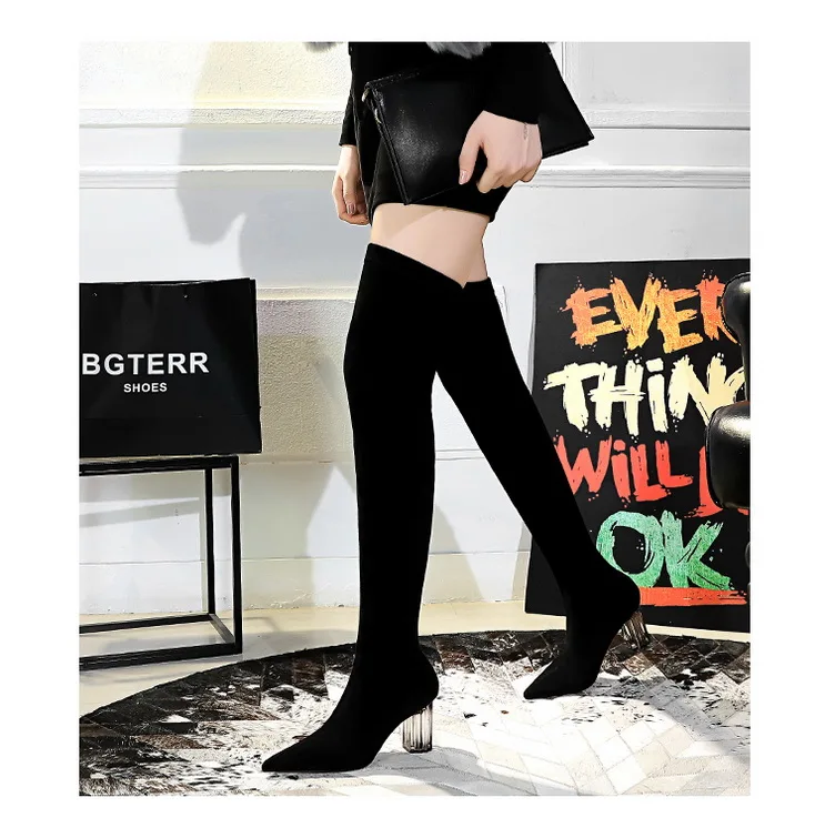 BIGTREE/botas altas mujer; облегающие Высокие Сапоги выше колена; черные зимние сапоги на каблуке с кристаллами; женские замшевые сапоги с острым носком; bota feminina