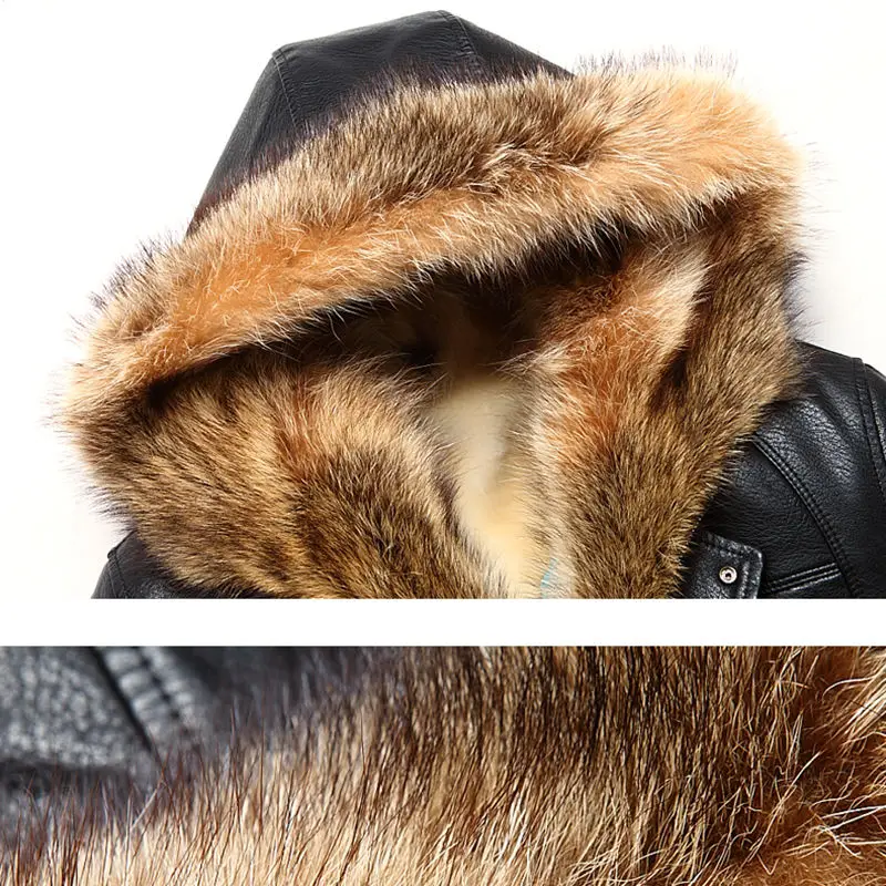 VSD New Winter Thicken Leather Jacket Men Raccoon Fur Collar Hooded Leather Jackets and Coats Casual Long Windproof Jacket Male