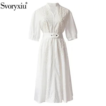 

Svoryxiu Designer Summer Elegant White Dress Women's Half Sleeve Elastic Waist Embroidery Applique Office Lady Fashion Dresses