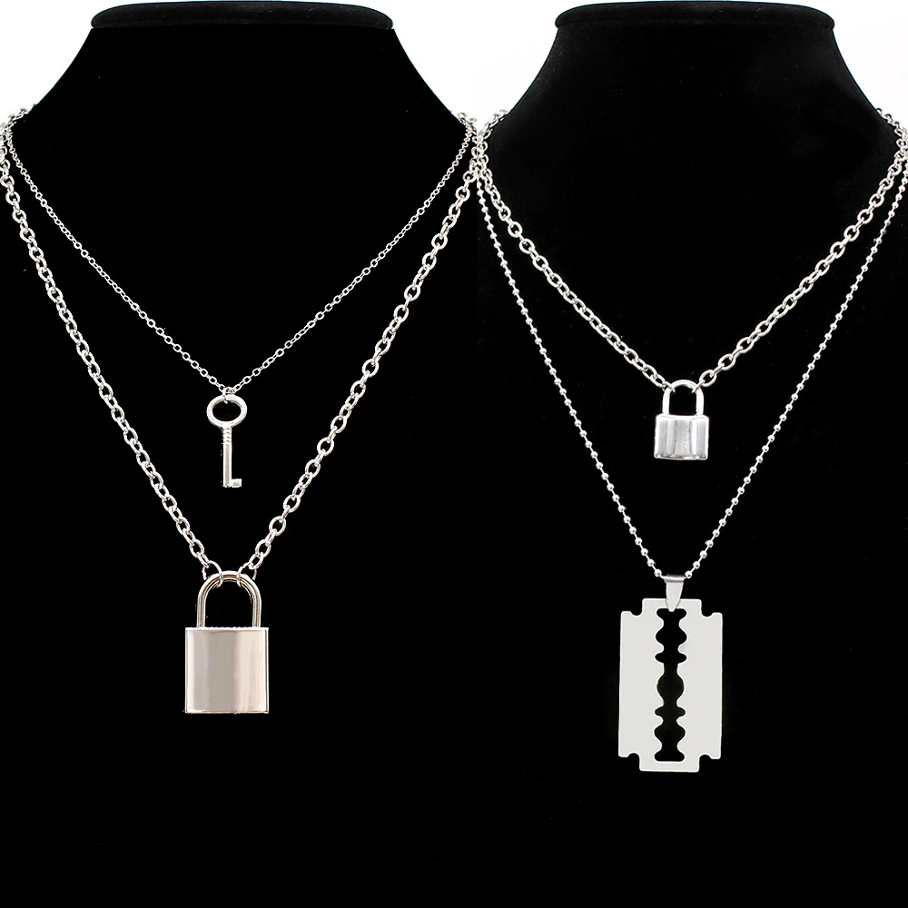 Key Lock Necklace Double Layer Punk Link Chain Stainless Steel Key