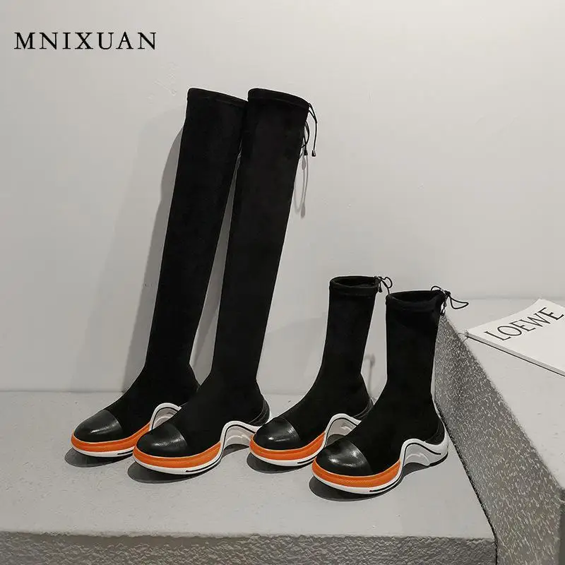 

MNIXUAN 2019 Women Shoes genuine leather round toe flat platform over the knee thigh high boots sock shoes long boots Black Boot