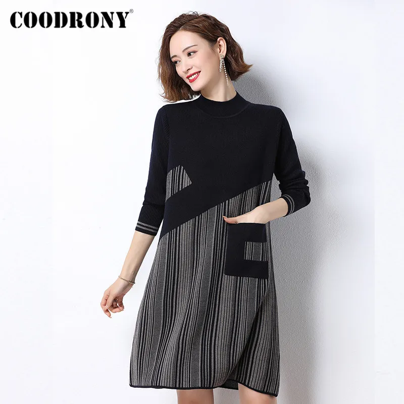 COODRONY Brand 2020 New Autumn Winter Long Women Pocket Sweaters Outdoor Casual Stand Collar Knitting Slim Jumpers Female W1124