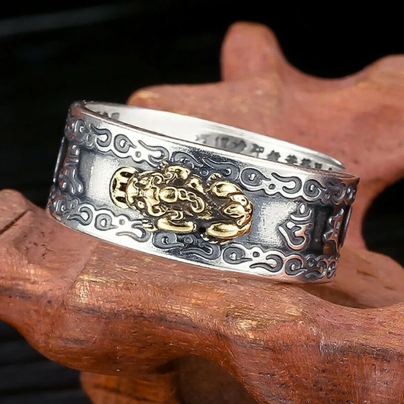 

Men Pixiu Charms Ring Feng Shui Amulet Wealth Lucky Open Adjustable Ring Buddhist Jewelry B99