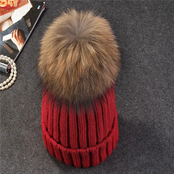 mink Deep red Xthree, шапка из меха норки и лисы, помпоны, зимняя женская шапка, шапка для девочек, вязаные шапки, шапка, фирменная Новинка, толстая женская шапка - Цвет: mink Deep red