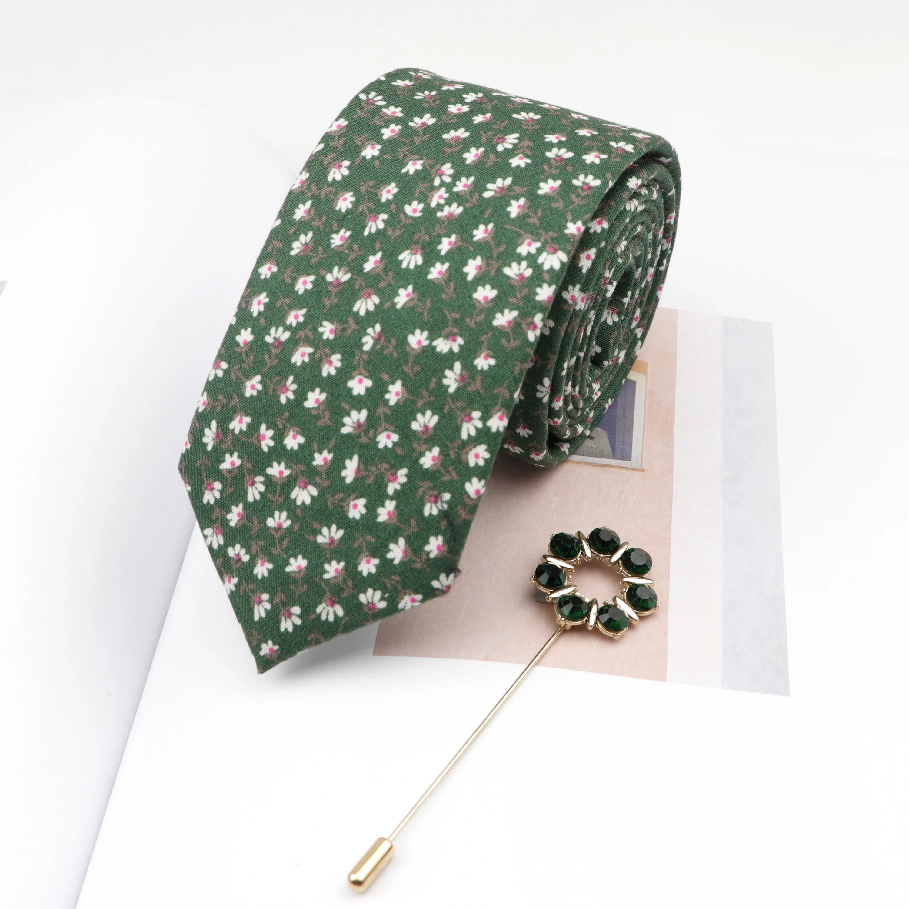 

Men's Tie Set Designer Narrow Colorful Floral Stitching Necktie Retro Golden Anchor Floral Diamond Brooch Pins Gift For Man