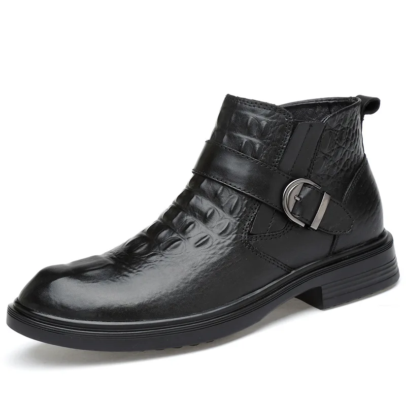 

England Casual Mid-top Cowhide Large Size Men's Boot Pointed Toe Chunky Heel Fashionable Boots Shoes Warm Two Style Large Size