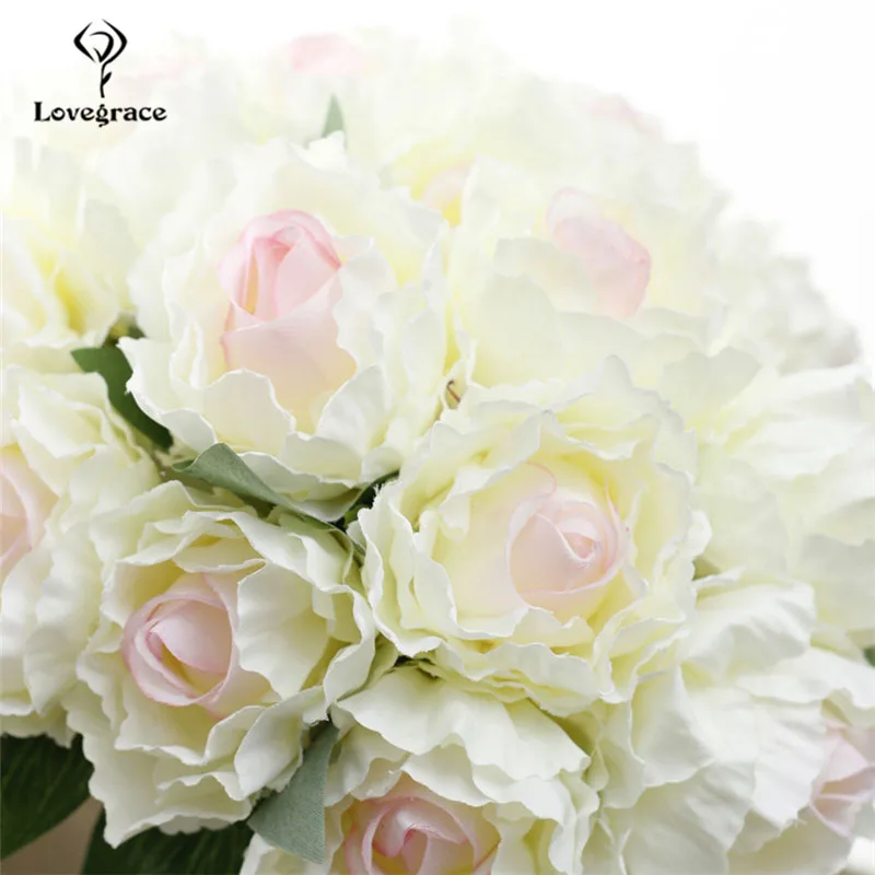 beige Lovegrace Bridesmaid Wedding Bouquet 7 Heads Rose Peony Artificial Silk Flower Pink Office Home Party Decoration Wedding Flowers - Цвет: beige