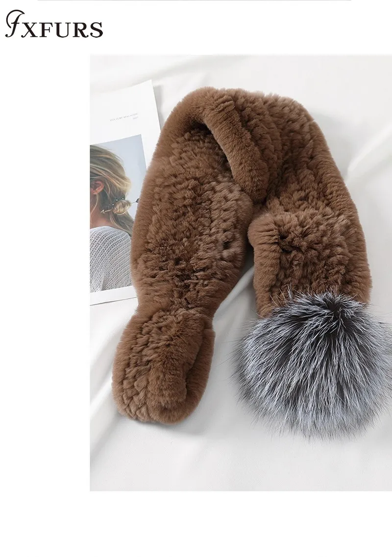 FXFURS/ женский вязаный шарф из кроличьего меха с меховыми помпонами из лисьего меха, Зимние новые теплые меховые обертывания для девочек, шейный платок в Корейском стиле