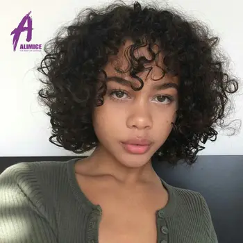 

Alimice Curly Human Hair Wigs Short Piexe Cut Wig Natural Brown Bob Lace Wigs For Women Peruvian Human Hair Wig Full Machinemade