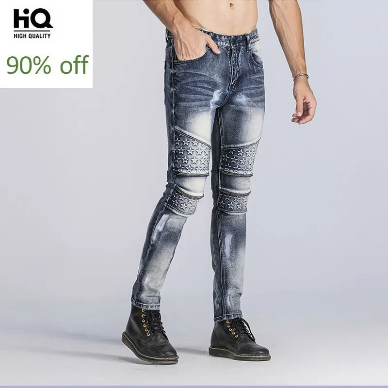 

European Style Biker Jeans Men High Street Teen Slim Stretch Pencil Pants Pattern Mens Streetwear Plus Size 42 Zip Jeans Homme