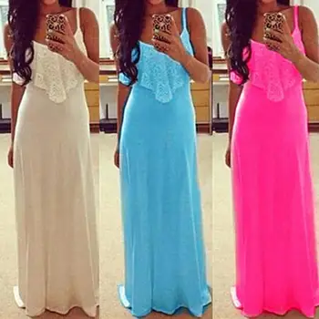 

Women's Sexy Casual Lace Patchwork Spaghetti Strap Long Beach Dress Maxi Dress