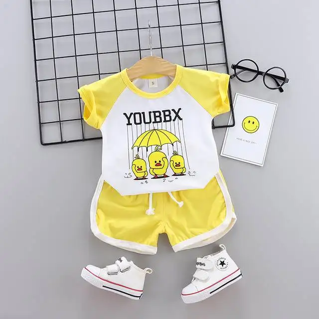 Three Ducks Yellow Летняя одежда для маленьких мальчиков и девочек модный хлопковый комплект с принтом фруктов, спортивный костюм для мальчиков, футболка+ шорты детские штаны - Цвет: Three Ducks Yellow