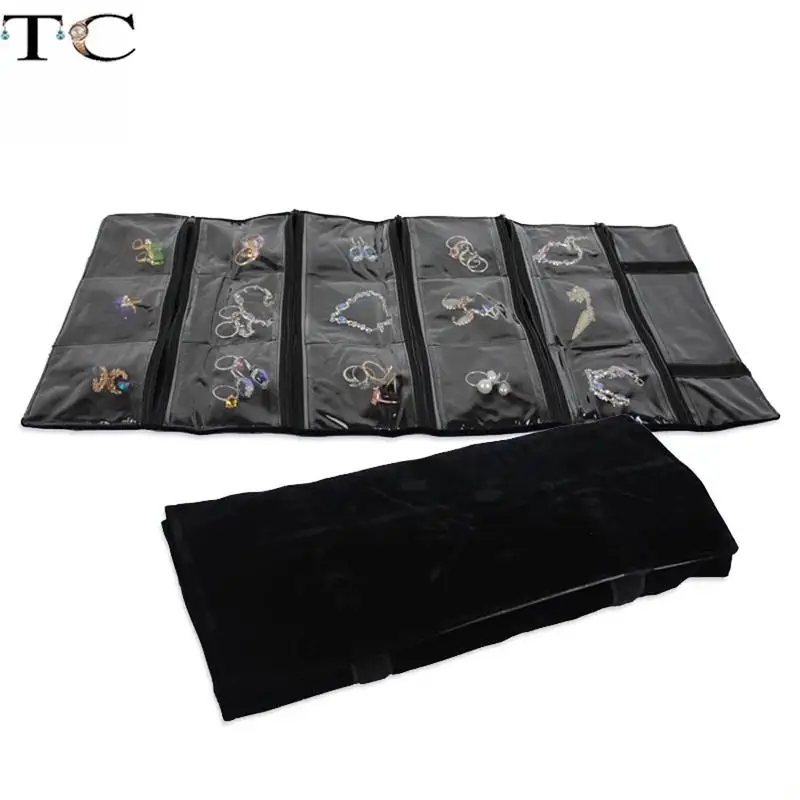 Velvet Zipper Jewelry Roll Bag for Jewellery Ring Earrings Organizer Storage Bag Portable Necklace Display Cases 15/30/40 Grid