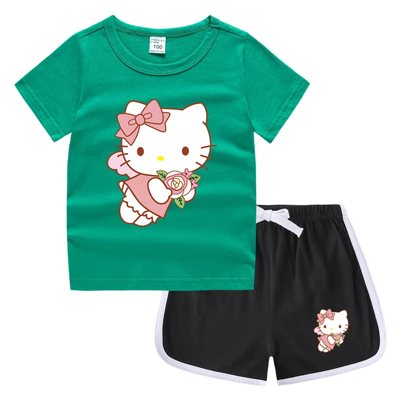 thumbnail image 1 of Nuevo traje de Hello Kitty, camiseta bonita de dibujos animados + Pantalones calientes informales, camisa de fondo de dos piezas absorbente de sudor de algodón caramelo para niños, 1 of 5