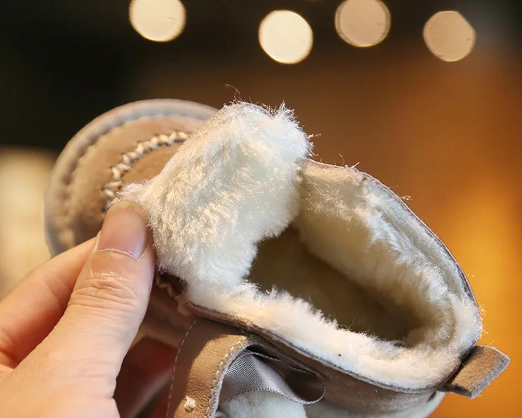 Claladoudou 12-14cm Brand Genuine Leather baby snow boots khaki black gray cute pompom bow tie princess dress shoes for winter