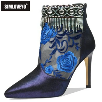 

SIMLOVEYO Female Ethnic Ankle Boots Tassels Pointed Toe 9.5cm Thin Heels Zipper Embroidered Large size 33-40 Casual Party B1939