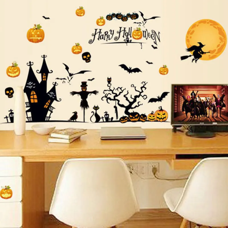 2pcs Home Decoration Halloween Wall Stickers Holiday Wall Stickers for Kids Rooms Pumpkin Pattern Background Decor for Party