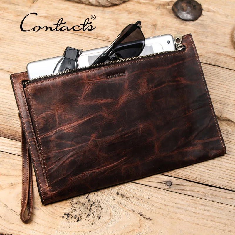 

Business Day Clutch Bag Men's Ipad Tote Genuine Leather Crazy Horse Handbag Large Clutch Purse Male Casual Envelope Long Wallets
