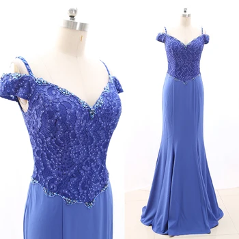 

MACloth Blue Mermaid Off the shoulder Floor-Length Long Crystal Satin Prom Dresses Dress S 268220 Clearance