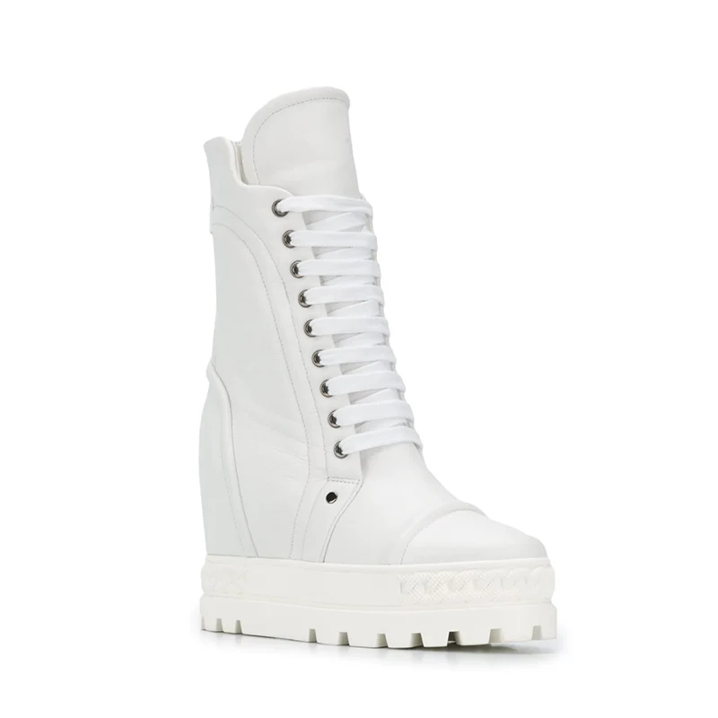 

Design Chain Platform rubber sole 10CM Inner heel lace up leather woman ankle boots white black color leather lace up boots