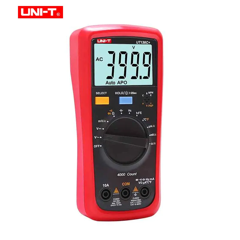 UNI-T UT136C+ цифровой мультиметр AC DC Вольт измеритель тока; Ом Емкость диод/Транзистор тестер температуры с ЖК-подсветкой
