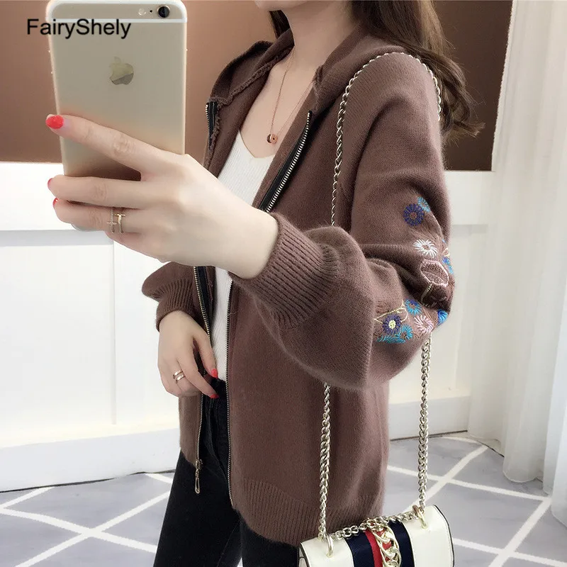 Brown Kniited Coat FairyShely белый свитер на молнии, кардиган, пальто с капюшоном, женский зимний Повседневный кашемировый свитер с длинным рукавом, джемпер для девушек, верхняя одежда - Цвет: Brown Kniited Coat